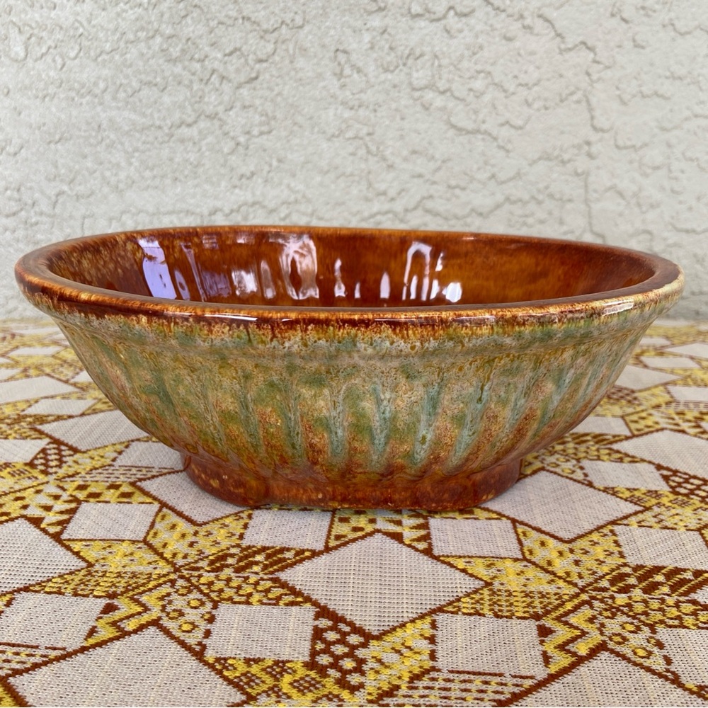 Haeger USA Vintage Pottery Oval Footed Planter or Bowl 3938 - Green, Gold, Brown